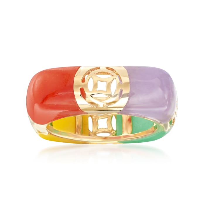 Multicolored Jade and Cutout Symbol Ring in 14kt Yellow Gold