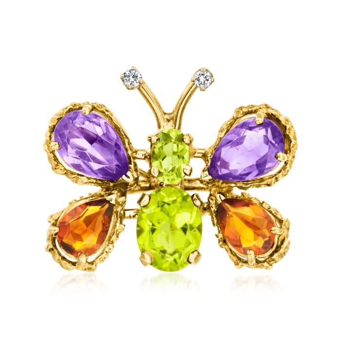 C. 1970 Vintage 5.90 ct. t.w. Multi-Gemstone Butterfly Pin/Pendant with Diamond Accents in 18kt Yellow Gold