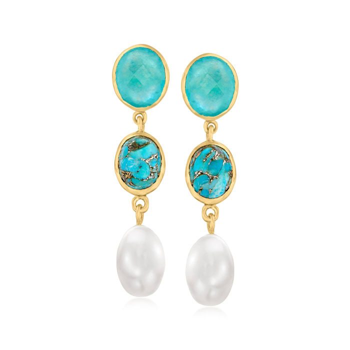 Cultured Pearl, Turquoise and 5.75 ct. t.w. Green Quartz Drop Earrings ...