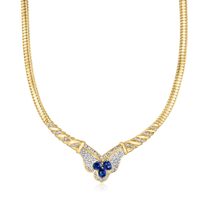 C. 1980 Vintage 3.70 ct. t.w. Sapphire and 2.40 ct. t.w. Diamond Fancy-Link Necklace in 14kt Yellow Gold and 18kt Two-Tone Gold