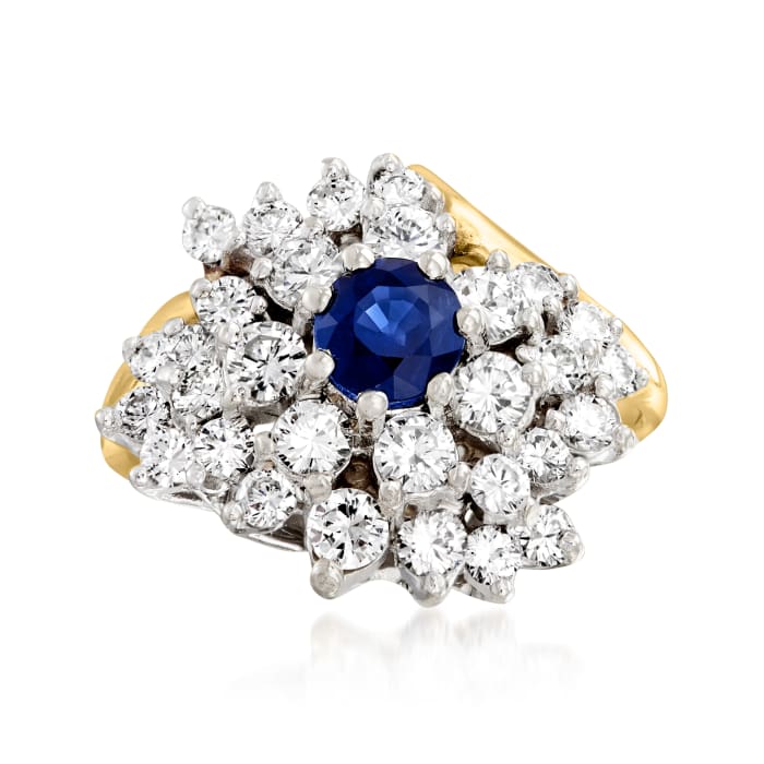 C. 1980 Vintage 1.50 ct. t.w. Diamond and .55 Carat Sapphire Cluster Ring in 14kt Yellow Gold