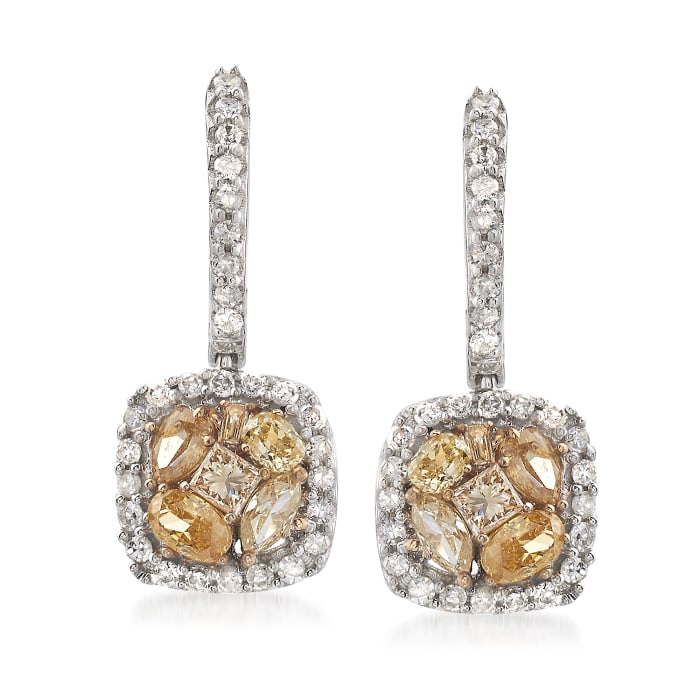 1.05 ct. t.w. Yellow, Cognac and White Diamond Drop Earrings in 14kt White Gold 