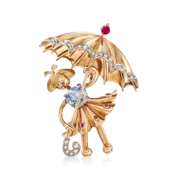 C. 1950 Vintage 1.60 Carat Synthetic Aquamarine &quot;Girl With Umbrella&quot; Pin With Diamonds and Synthetic Rubies in 18kt Gold