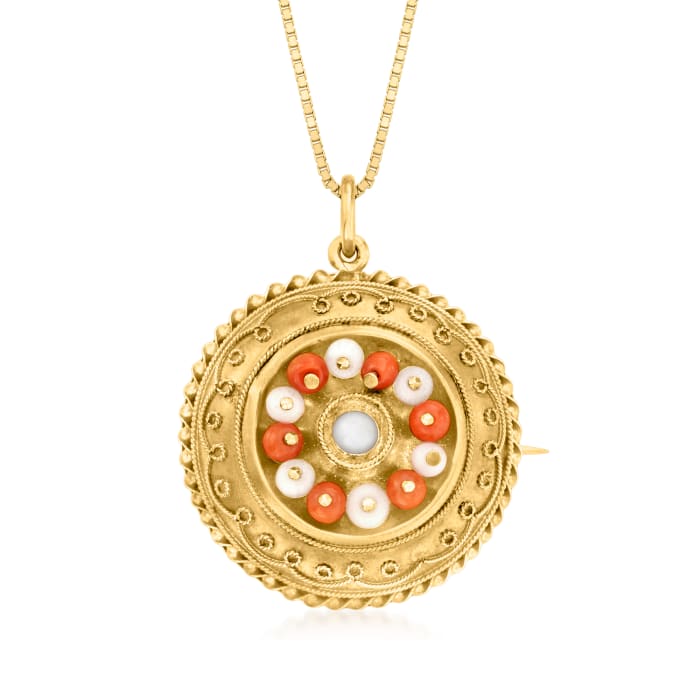 C. 1900 Vintage 3-4mm Red and White Coral Bead Pin/Pendant Necklace in 14kt Yellow Gold