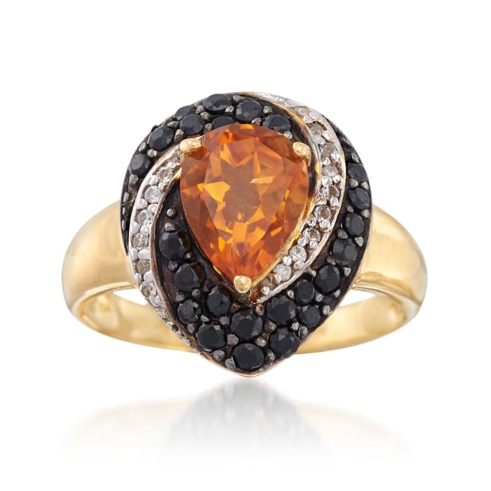 1.60 Carat Citrine and .70 ct. t.w. Black Spinel Ring with White Zircons in 18kt Gold Over Sterling