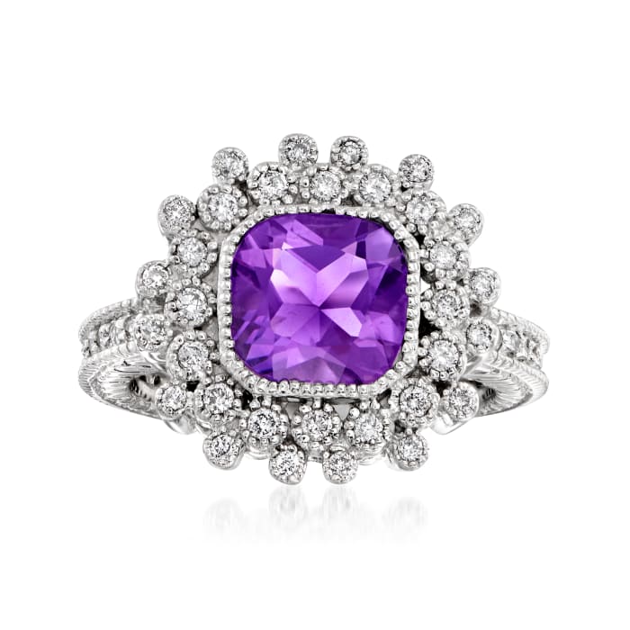 C. 1990 Vintage 1.35 Carat Amethyst and .65 ct. t.w. Diamond Cluster Halo Ring in 14kt White Gold