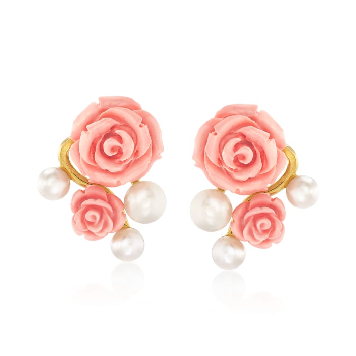 Italian 6-8mm Cultured Button Pearl and Pink Rose Drop Earrings in 18kt Gold Over Sterling
