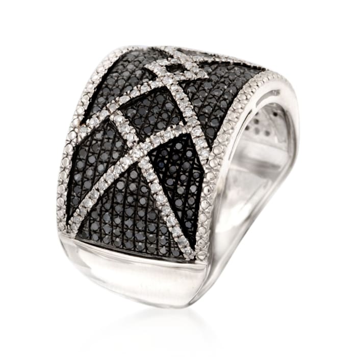1.00 ct. t.w. Black and White Diamond Crisscross Ring in Sterling ...