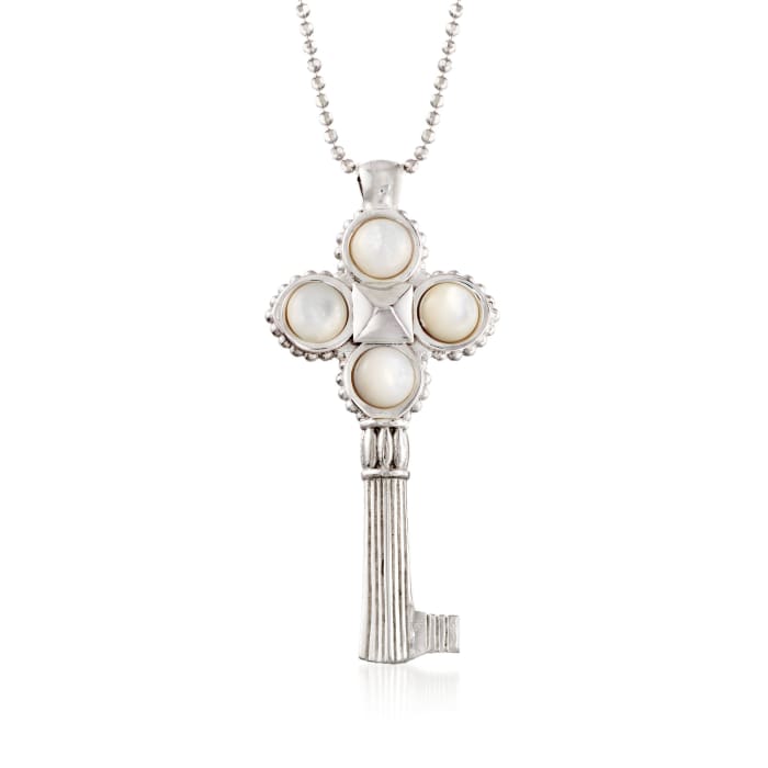 Italian Sterling Silver Key Pendant Necklace with Mother-Of-Pearl