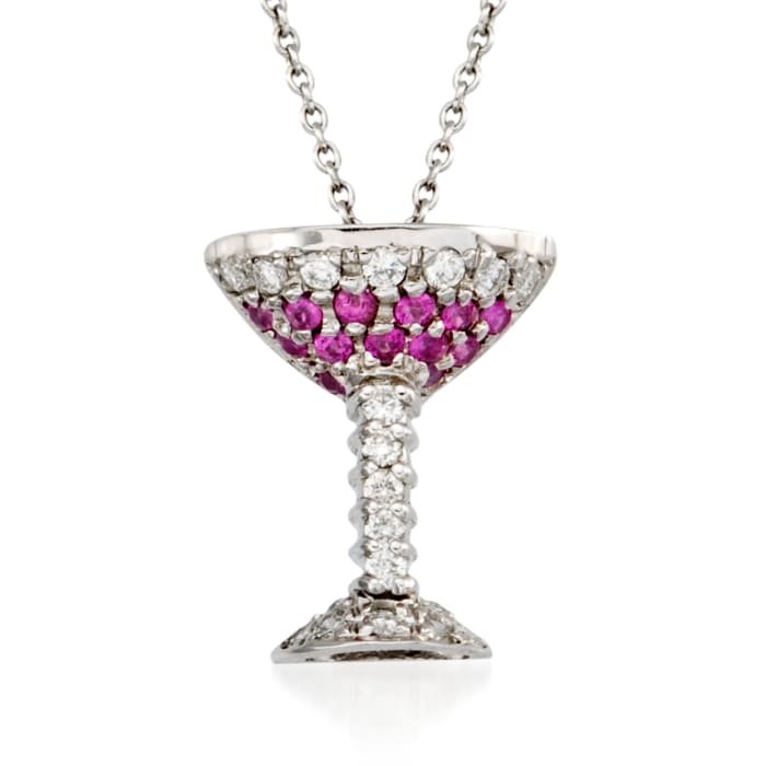 Roberto Coin &quot;Tiny Treasures&quot; Pink Sapphire and Diamond Martini Glass  Necklace in 18kt White Gold