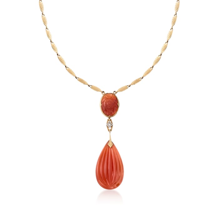 C. 1935 Vintage Carnelian Drop Necklace with Diamond Accents in 14kt Yellow Gold