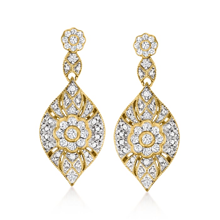 .50 ct. t.w. Diamond Vintage-Style Leaf Drop Earrings in 18kt Gold Over Sterling