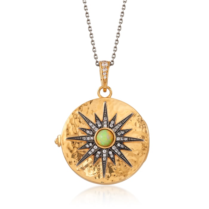 Opal and .60 ct. t.w. White Zircon Starburst Locket Necklace in 18kt Gold Over Sterling