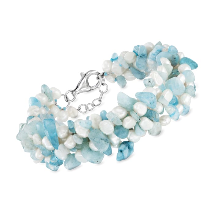 Aquamarine Bead and 5-6mm Cultured Pearl Bracelet with Sterling Silver