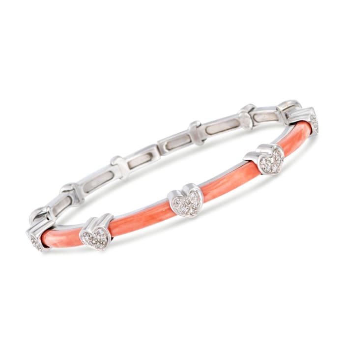 C. 1990 Vintage Coral and .45 ct. t.w. Diamond Heart Bangle Bracelet in 18kt White Gold
