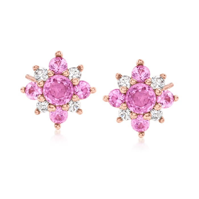 1.60 ct. t.w. Pink and White Sapphire Flower Earrings in 14kt Rose Gold