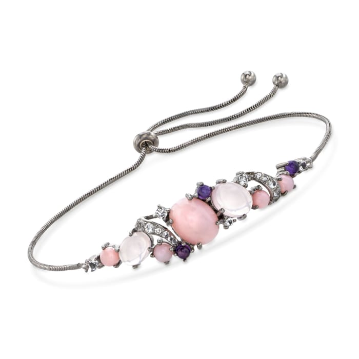 Pink and Purple Multi-Stone Bolo Bracelet with .60 ct. t.w. White Topaz in Sterling Silver