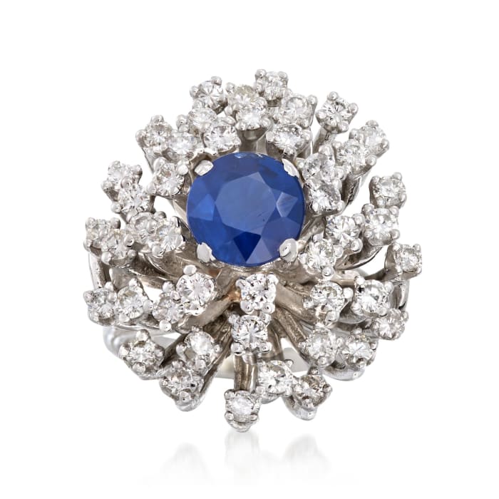 C. 1960 Vintage 1.78 Carat Sapphire and 1.75 ct. t.w. Diamond Cluster Ring in 14kt White Gold