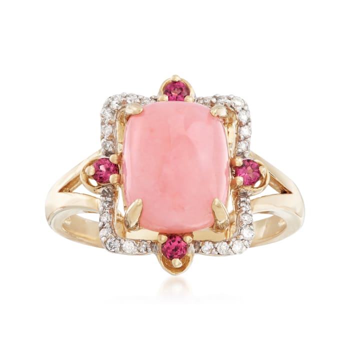10x8mm Pink Opal Ring with .20 ct. t.w. Purple Rhodolites and .11 ct. t.w. Diamonds in 14kt Yellow Gold