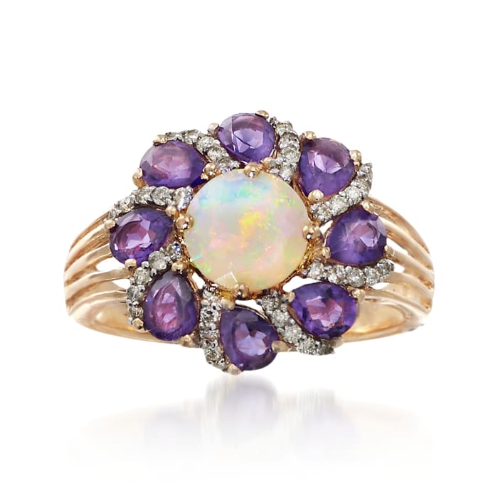 Opal and 1.20 ct. t.w. Amethyst Ring with .20 ct. t.w. Diamonds in 14kt Yellow Gold