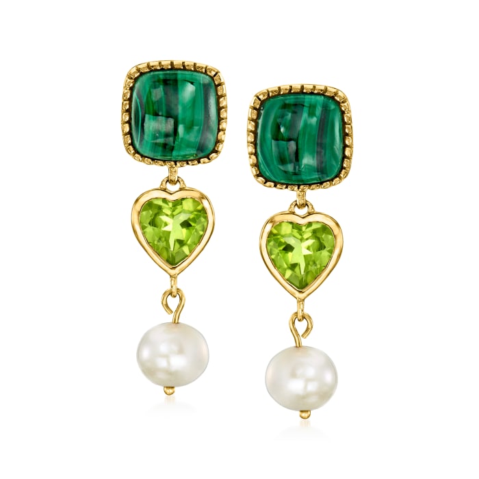 Malachite and 3.40 ct. t.w. Peridot Drop Earrings with 7.5-8.5mm Cultured Pearls in 18kt Yellow Gold Over Sterling