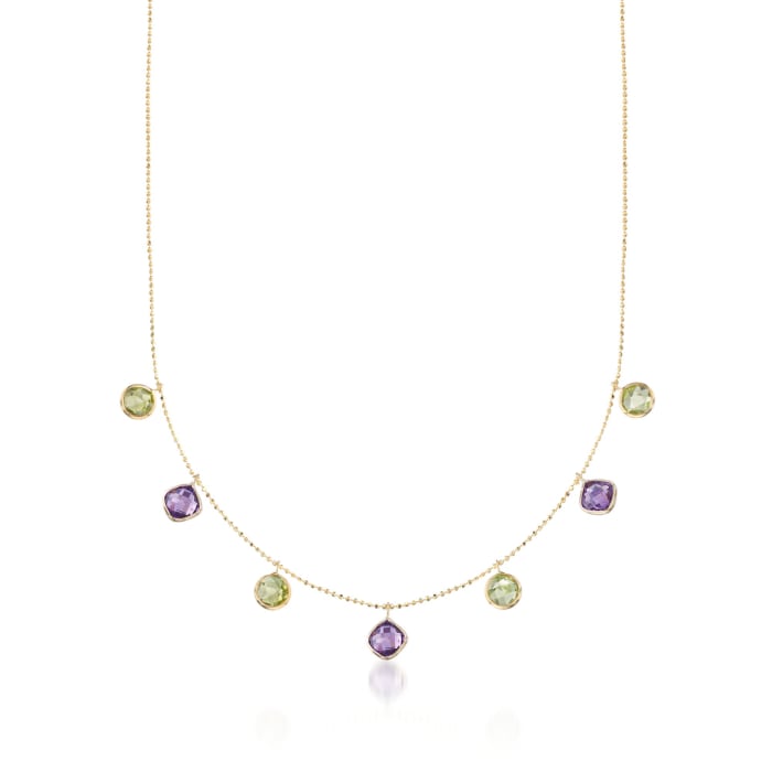 3.20 ct. t.w. Peridot and 2.50 ct. t.w. Amethyst Station Necklace in 14kt Yellow Gold