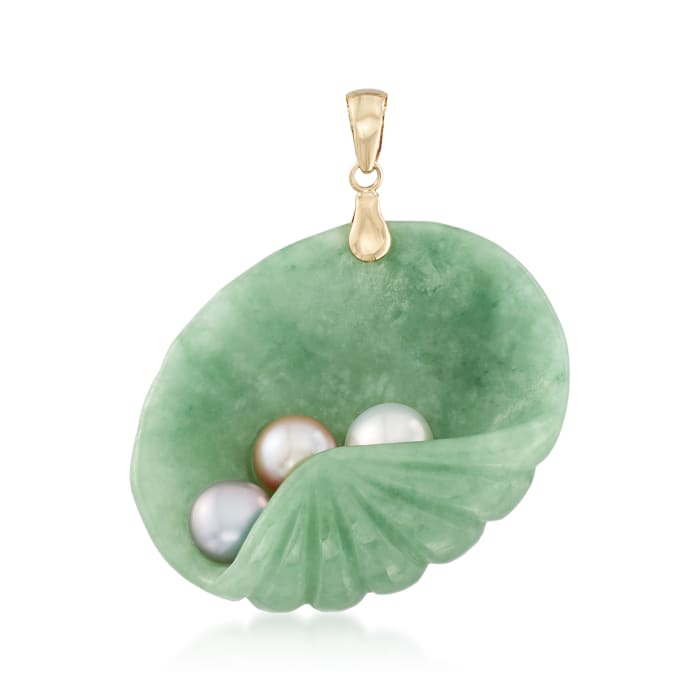 Jade and 6-6.5mm Multicolored Cultured Pearl Shell Pendant in 14kt Yellow Gold
