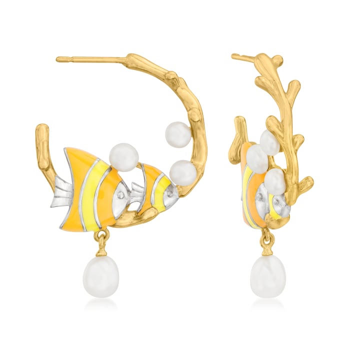 3.5-5.5mm Cultured Pearl and Multicolored Enamel Angelfish Hoop Earrings in 18kt Gold Over Sterling