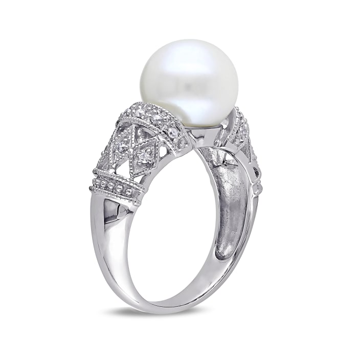 9-9.5mm Cultured Pearl Ring with Diamond Accents in Sterling Silver ...