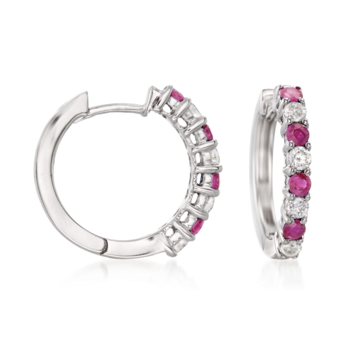 .50 ct. t.w. Ruby and .35 ct. t.w. Diamond Hoop Earrings in 14kt White Gold