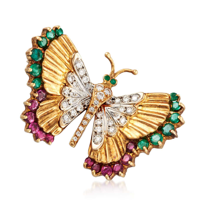 C. 1990 Vintage 2.50 ct. t.w. Ruby and Emerald Butterfly Pin with Diamonds in 18kt Yellow Gold