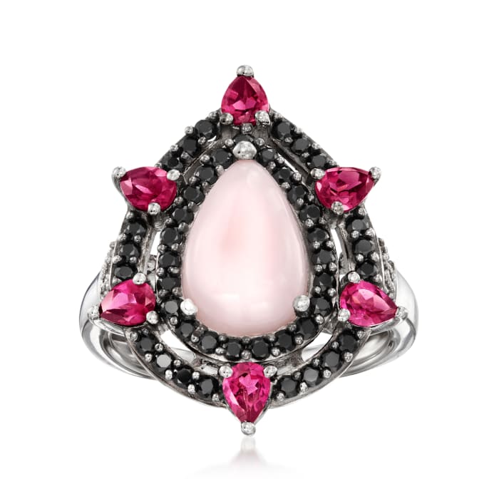Pink Opal, .80 ct. t.w. Rhodolite Garnet and .70 ct. t.w. Black Spinel Ring with .10 ct. t.w. White Zircon in Sterling Silver