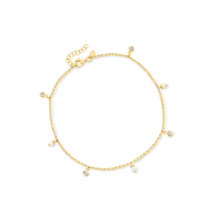 Italian 3-3.5mm Cultured Pearl and .40 ct. t.w. CZ Anklet in 18kt Gold Over Sterling