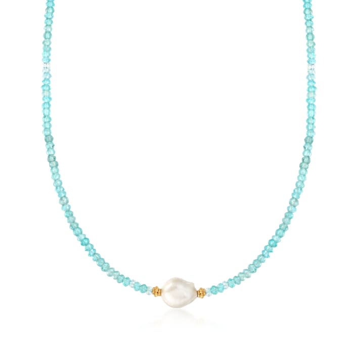 11-12mm Cultured Pearl and 50.00 ct. t.w. Apatite Bead Necklace in 18kt Gold Over Sterling