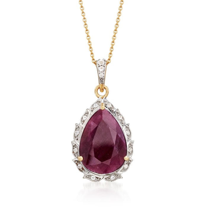 9.75 Carat Pear-Shaped Ruby and .16 ct. t.w. White Topaz Pendant Necklace in 18kt Gold Over Sterling
