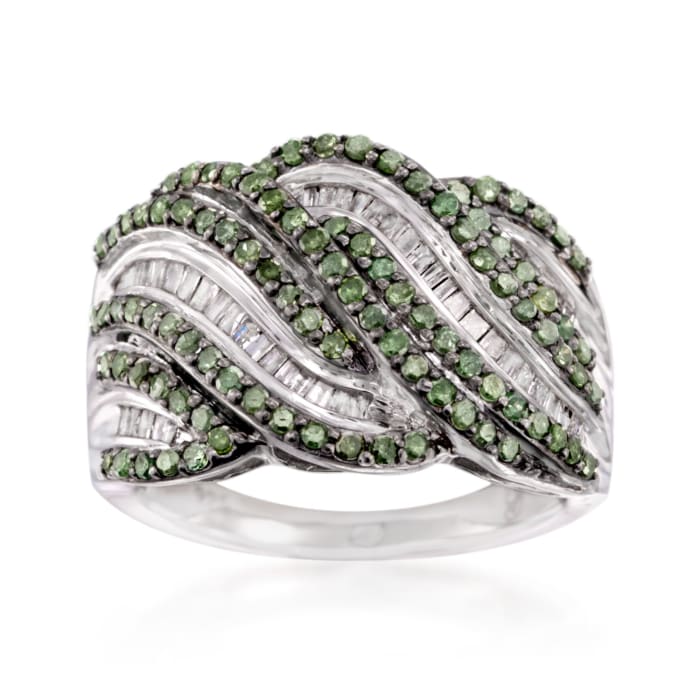 1.00 ct. t.w. Green and White Diamond Wave Ring in Sterling Silver