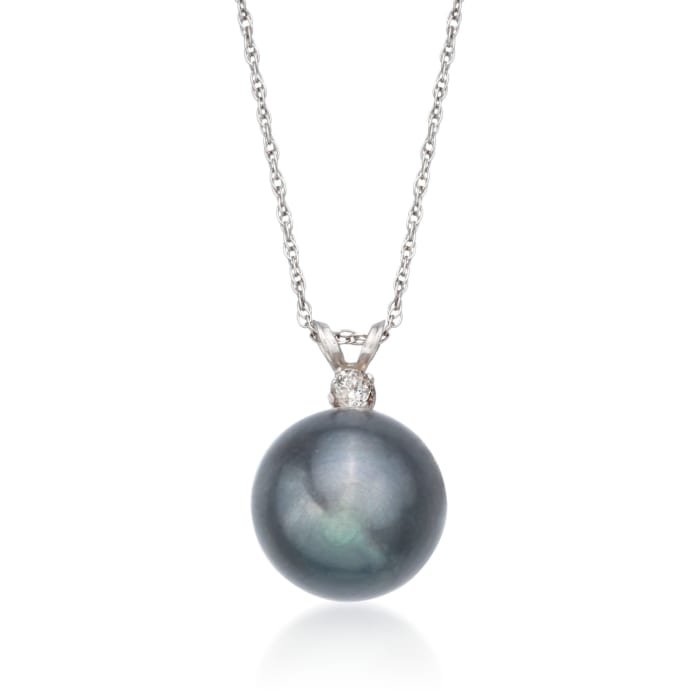 11mm Black Cultured Pearl Pendant Necklace with Diamond in 14kt White Gold