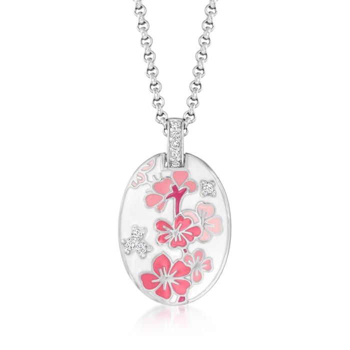 Belle Etoile &quot;Constellations: Sakura&quot; Pink Enamel and .25 ct. t.w. CZ Pendant in Sterling Silver
