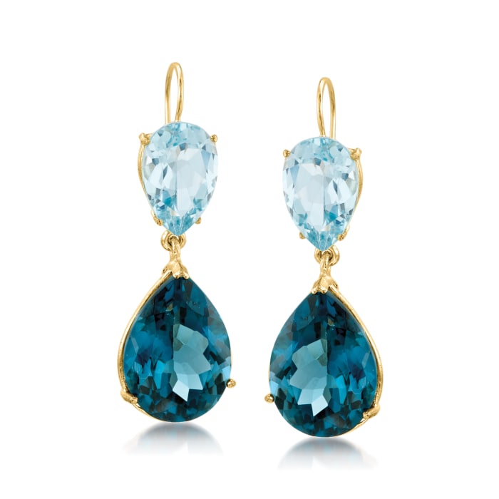 25.00 ct. t.w. London and Sky Blue Topaz Drop Earrings in 14kt Yellow Gold