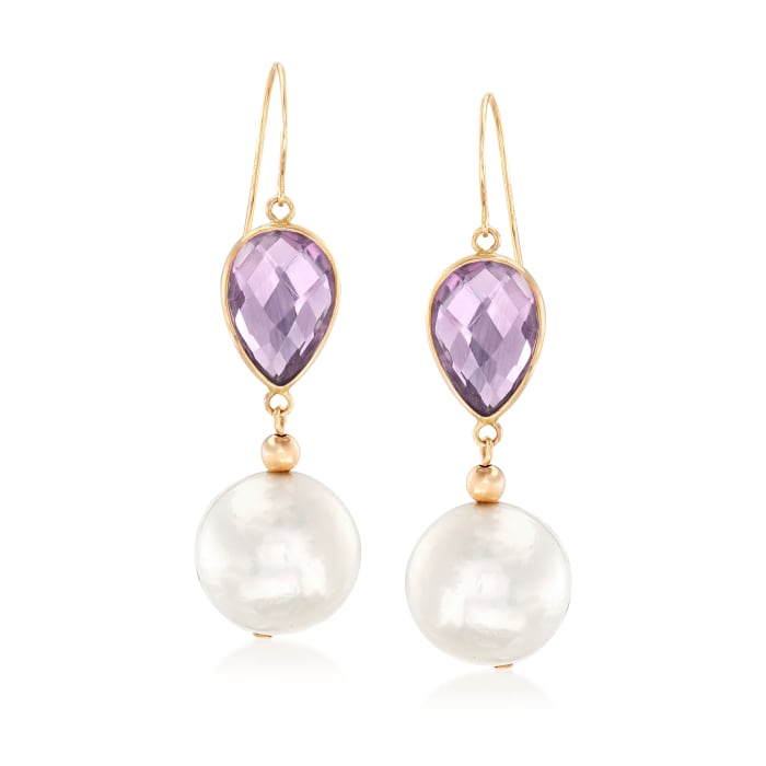 12-13mm Cultured Pearl and 4.00 ct. t.w. Amethyst Drop Earrings in 14kt Yellow Gold