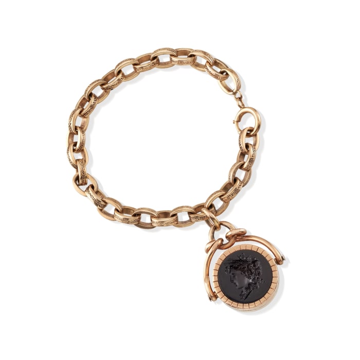 C. 1900 Vintage Black Onyx &quot;David&quot; Intaglio Locket Bracelet in 14kt Yellow Gold
