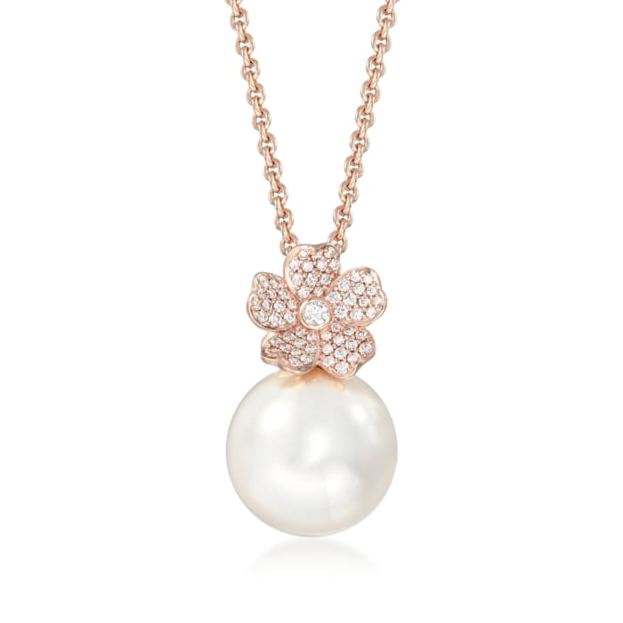 Mikimoto &quot;Cherry Blossom&quot; 12mm A+ South Sea Pearl and .22 ct. t.w. Diamond Floral Necklace in 18kt Rose Gold