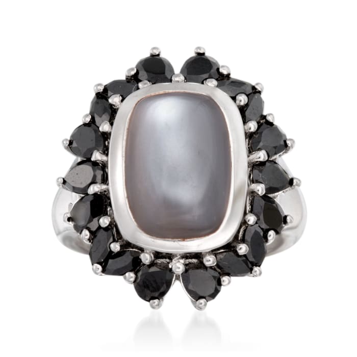 Cabochon Gray Moonstone and Black Spinel Ring in Sterling Silver