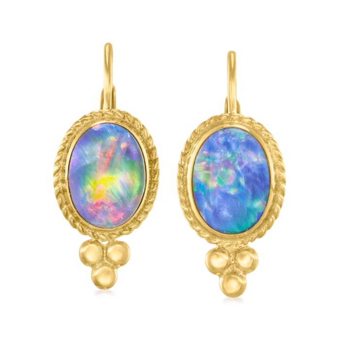 Blue Opal Triplet Drop Earrings in 14kt Yellow Gold 