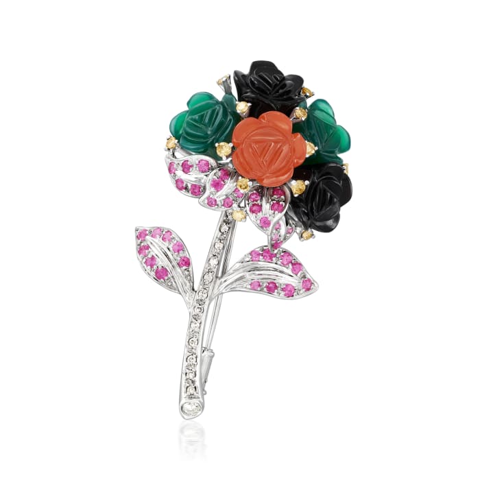 C. 1990 Vintage Multi-Gemstone and .65 ct. t.w. Diamond Flower Bouquet Pin/Pendant in 18kt White Gold