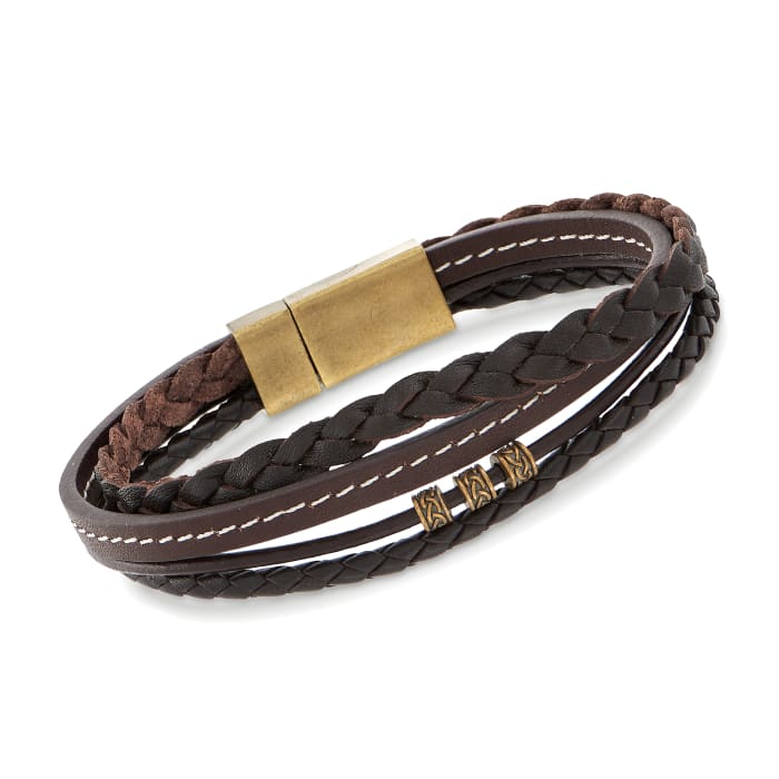 Men's Multi-Strand Brown Leather Bracelet with Beads and Stainless Steel Magnetic Clasp