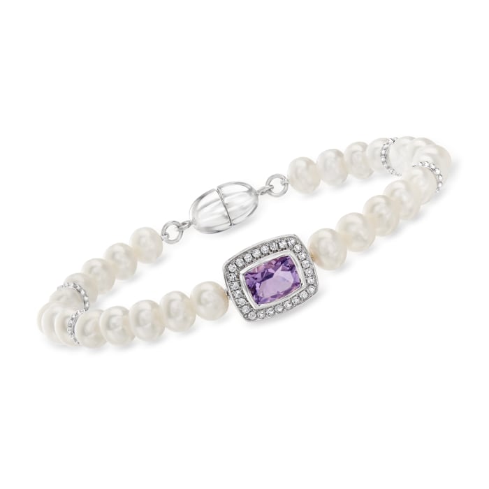 5.5-6mm Cultured Pearl, 1.10 Carat Amethyst and .20 ct. t.w. White Topaz Bracelet in Sterling Silver