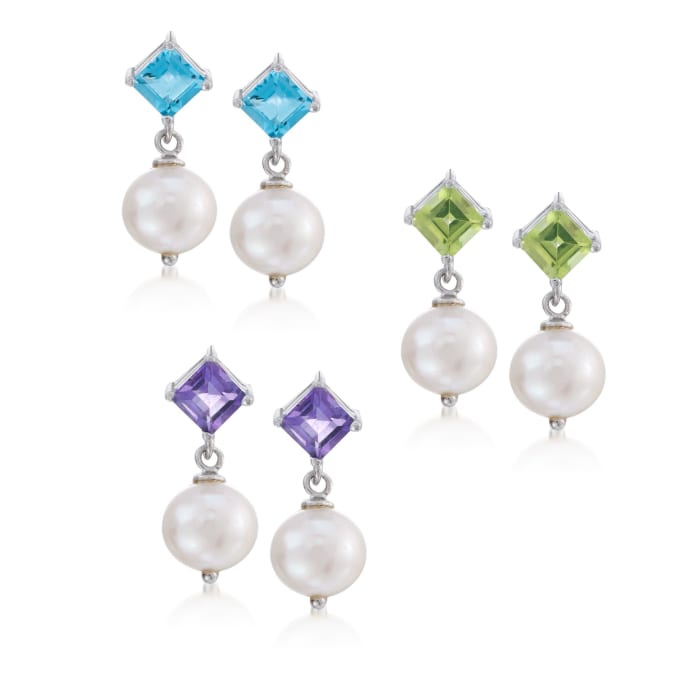 3.70 ct. t.w. Multi-Stone and 8-8.5mm Cultured Pearl Jewelry Set: Three Pairs of Earrings in Sterling Silver