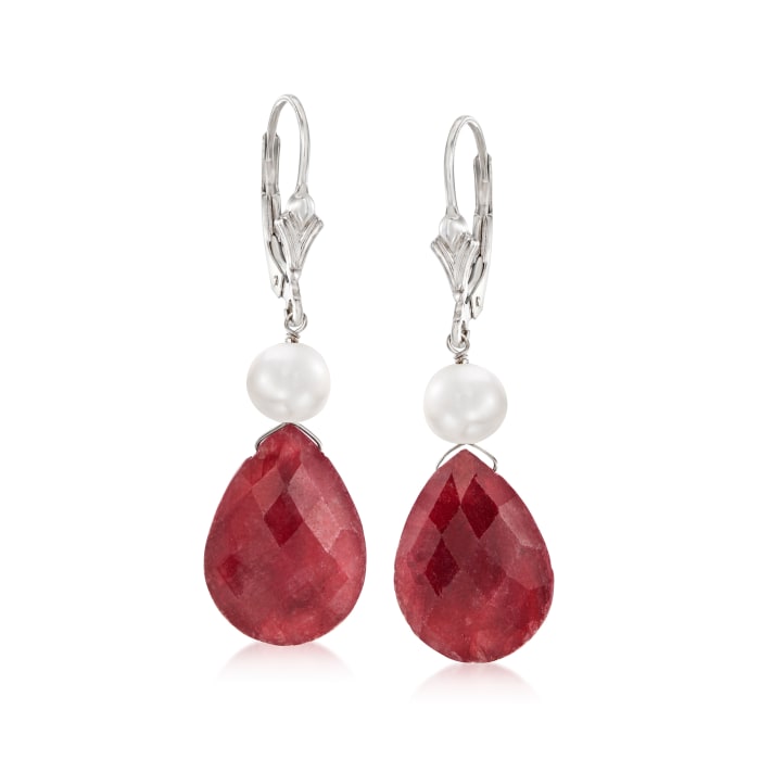 20.00 ct. t.w. Ruby and 6-7mm Cultured Pearl Drop Earrings in Sterling Silver