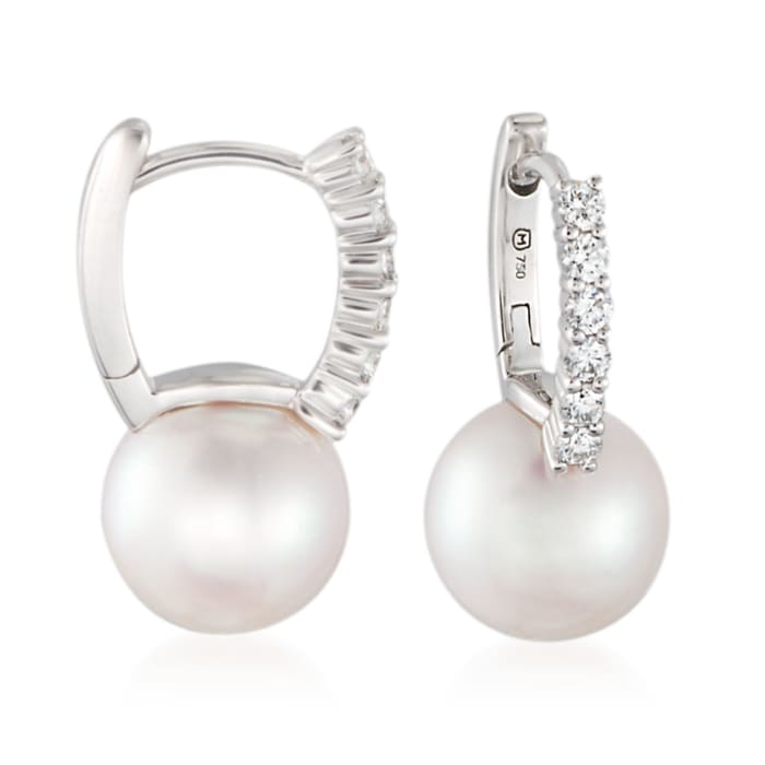 Mikimoto 8mm A+ Akoya Pearl and .19 ct. t.w. Diamond Hoop Earrings in 18kt White Gold